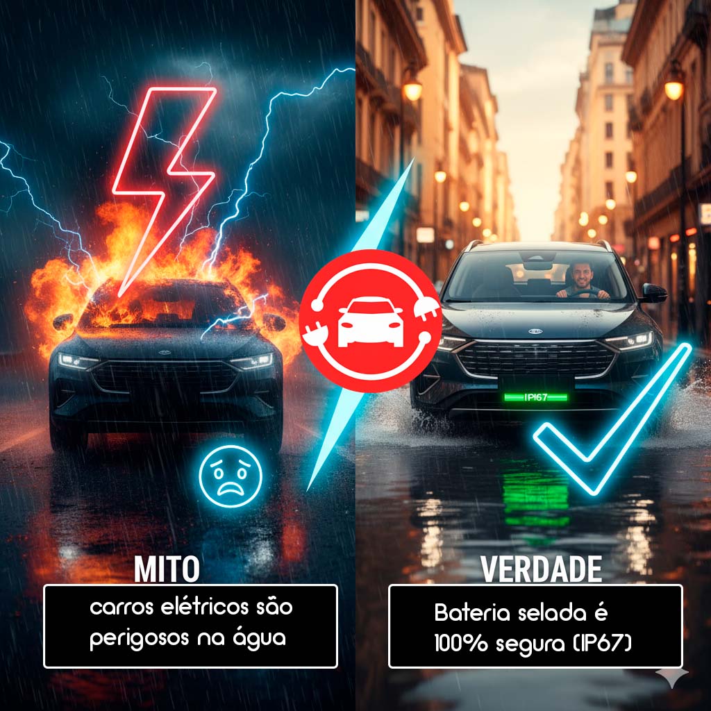 Mito 1: "Carros elétricos são perigosos na chuva ou em enchentes."